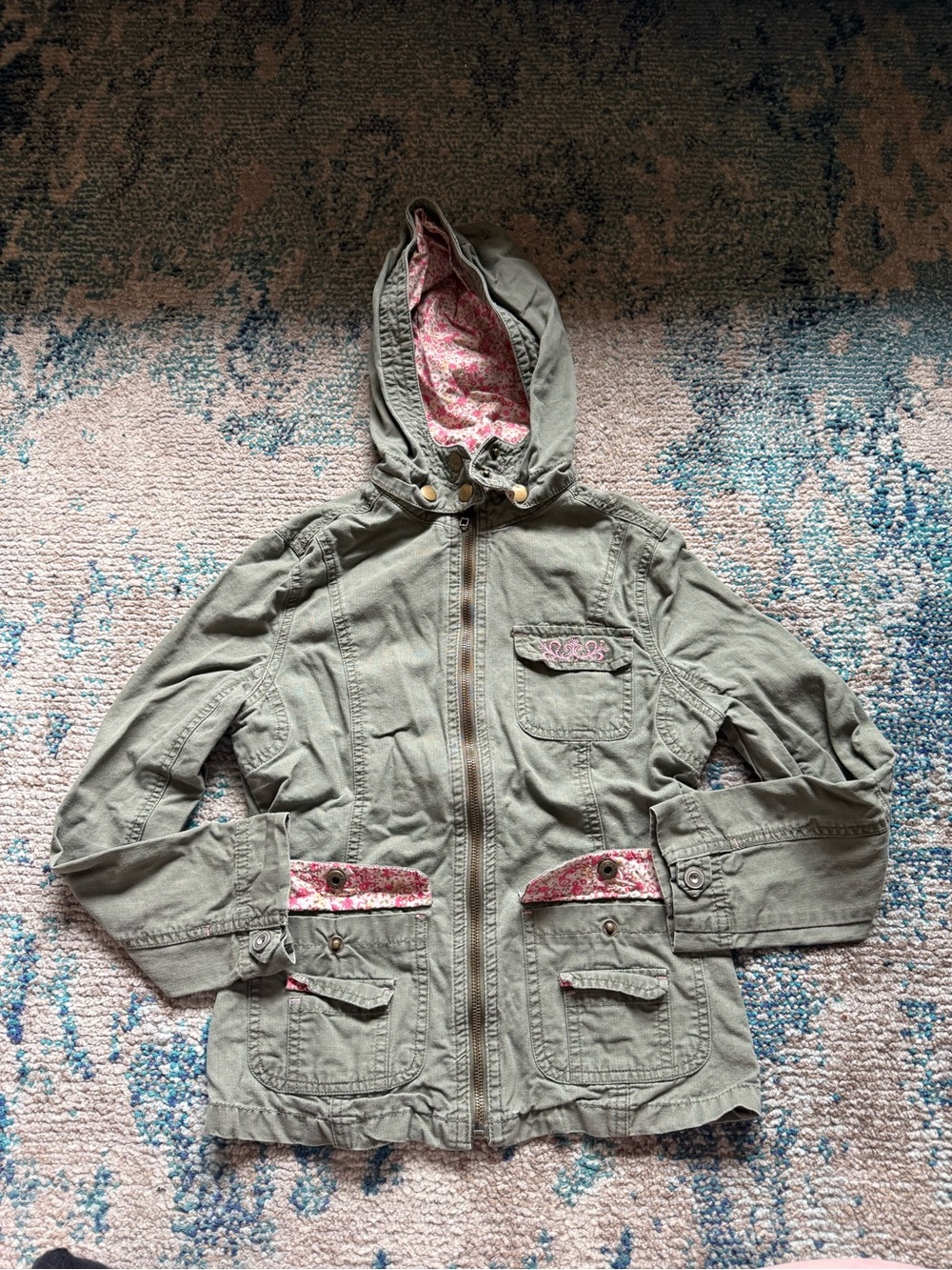 Cherokee Olive Green Hooded Jacket with Pink Floral Lining